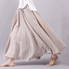 二層綿麻スカート、芸術的な夏のエスニックリネンミドル丈スカート、春と秋の大きいサイズのダンスロングスカート