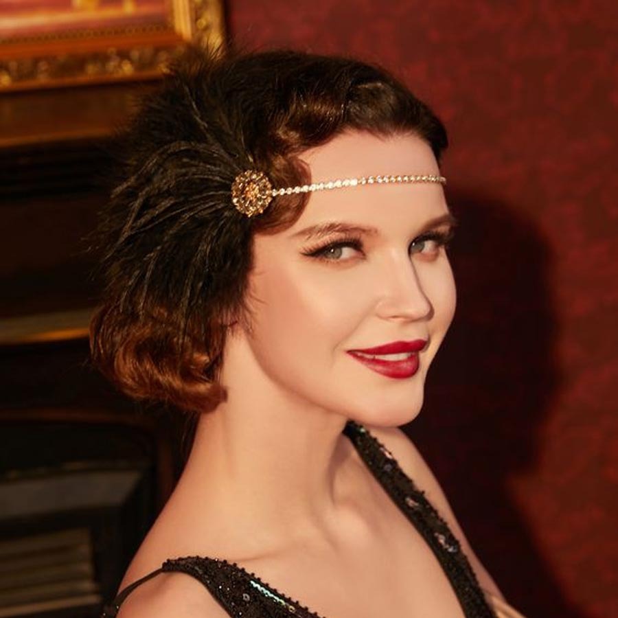 Feather headband European flower rhinestone headdress stage catwalk hair accessories antique style_voghion.com