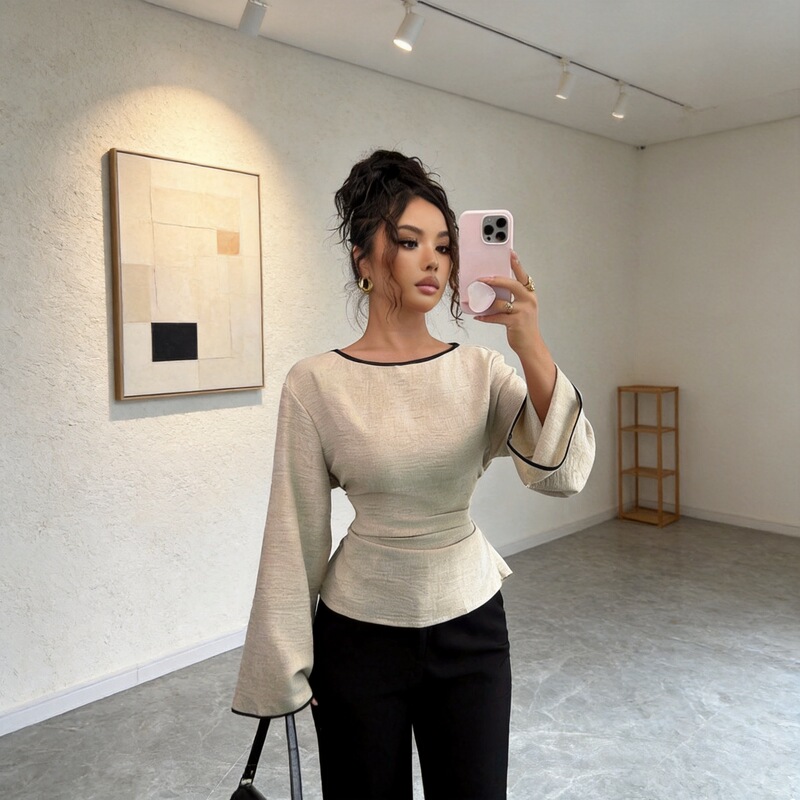 In-Stock 2026 Cross-Border European and American New Style Color-Blocking Fashion Casual Versatile Waist-Cinching Boat Neck Flared Long-Sleeve Women's Shirt In-Stock 2026 Cross-Border European and American New Style Color-Blocking Fashion Casual Versatile Waist-Cinching Boat Neck Flared Long-Sleeve Women's Shirt