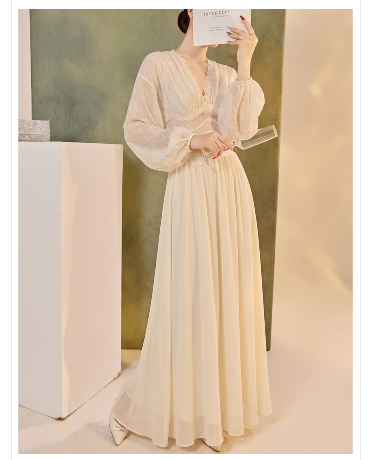 Váy maxi ren thêu lưới tay phồng lồng đèn cổ V thắt lưng dáng suông — áo, bộ đồ, nửa váy chi tiết 10