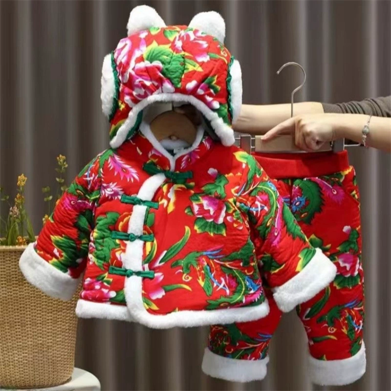 Зимний детский костюм с цветочным принтом в северо-восточном стиле, утепленная хлопковая куртка для девочек, новогодняя одежда для малышей, утолщенная новогодняя комплектация