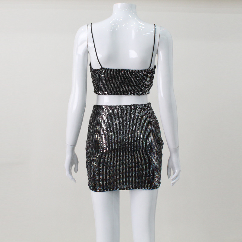 Women Clothing Autumn Sexy Cropped Backless Strap Top Sequined Slim Fit Hip Skirt Set