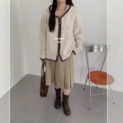羊驼绒纯色软糯连帽针织开衫秋冬季日韩休闲高级感拉链毛衣女士上