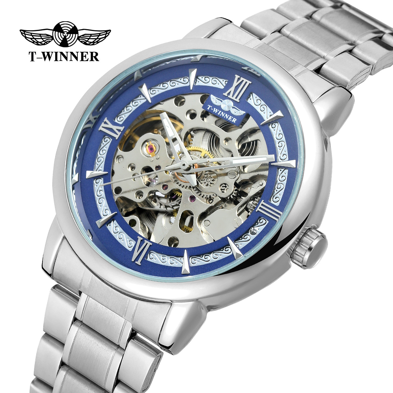 T-ganador nuevo estilo europeo y americano de moda de los hombres reloj mecánico automático reloj hueco-fuera transparente Fondo tallado literal