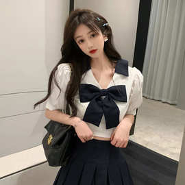 蝴蝶结衬衫女设计感小众短款小个子百褶裙搭配上衣jk制服套装纯欲
