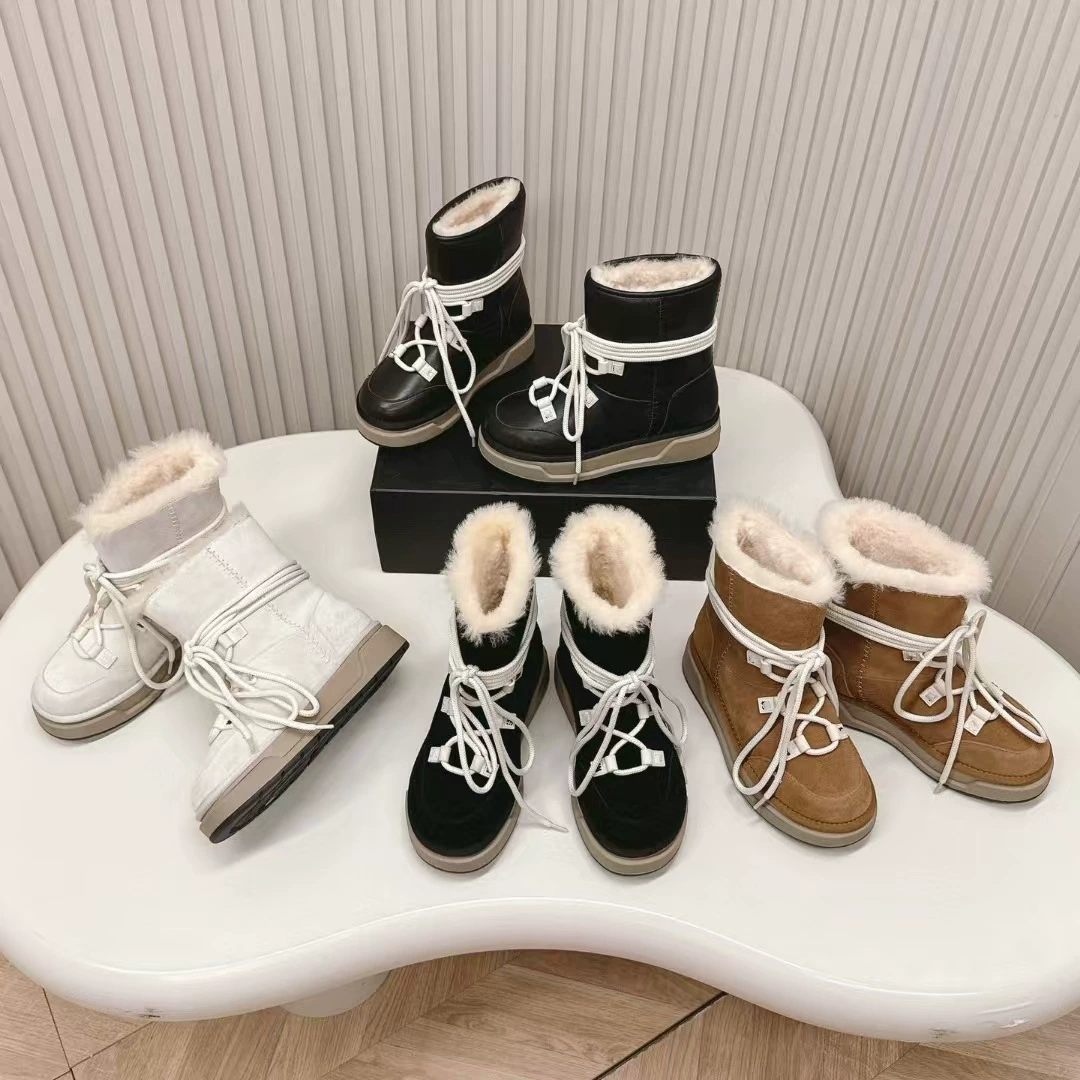 Высокое качество 2024 зимняя овечья меха в одном круглой головке с толстой подошной модной повседневной ремешки теплые короткие сапоги