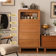 Small half five-drawer cabinet, Nordic solid cherry wood, minimalist living room white oak storage cabinet, Japanese style bedroom storage sideboard