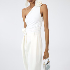 2024 new summer style three-dimensional flower decorative temperament sexy versatile slimming slanted shoulder design tops and vests for women