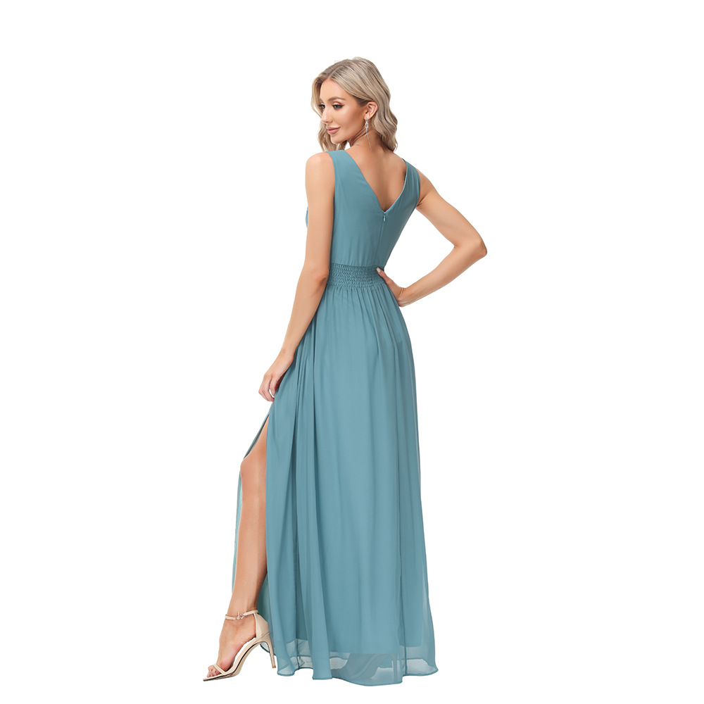 Sleeveless Sleeve Length Party Dress Dresses Type Party Dress Elegant V Neck Slit Pleated Backless Sleeveless Solid Color Maxi Long Dress Banquet Cocktail Party