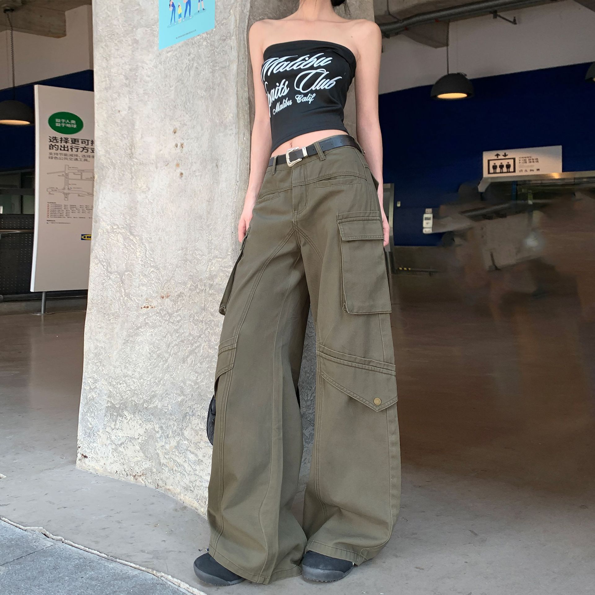 Multi-pocket Casual Crowd Pants Women's Spring New American Style Retro Straight Loose Dose Crowd Pants