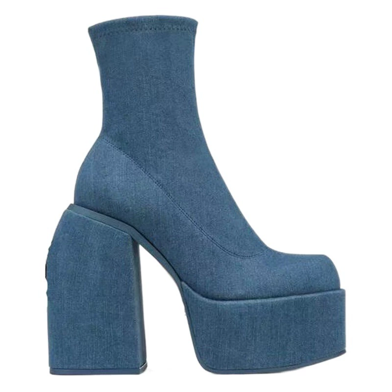 2022 новые европейские и американские джинсовые сапоги больших размеров, женские внешнеторговые трансграничные женские сапоги с квадратной головкой и водонепроницаемой платформой на высоком каблуке, модные женские сапоги на толстой подошве