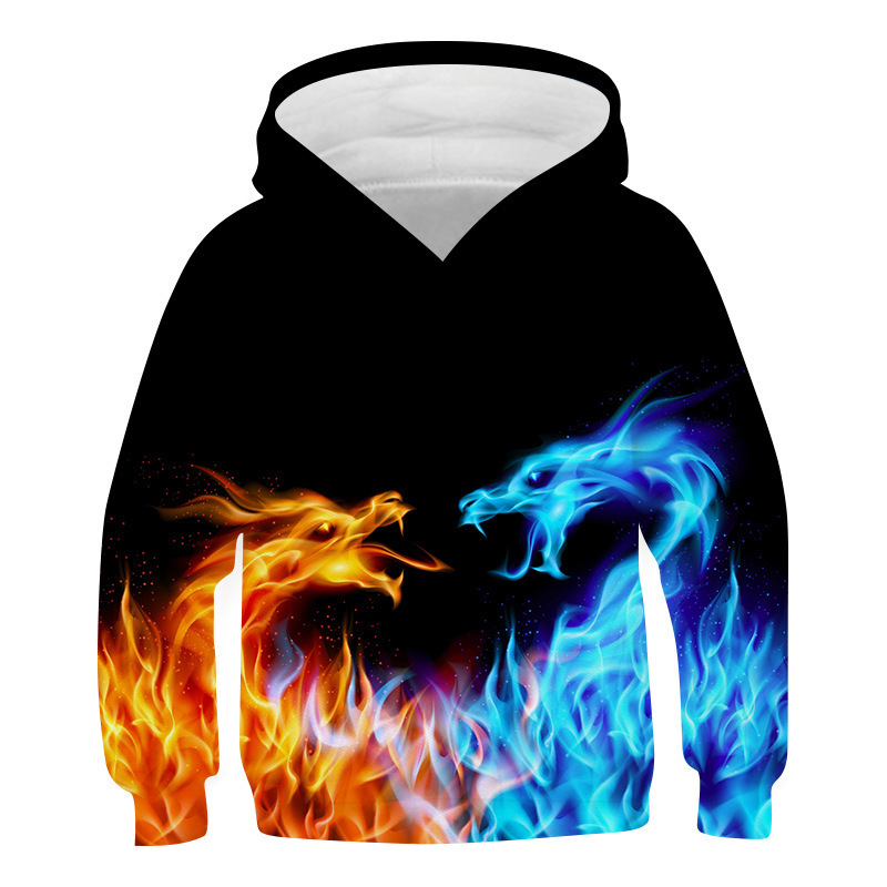 Autumn 2023 new trend burning flame 3D digital printing children's cosplay hooded sweater