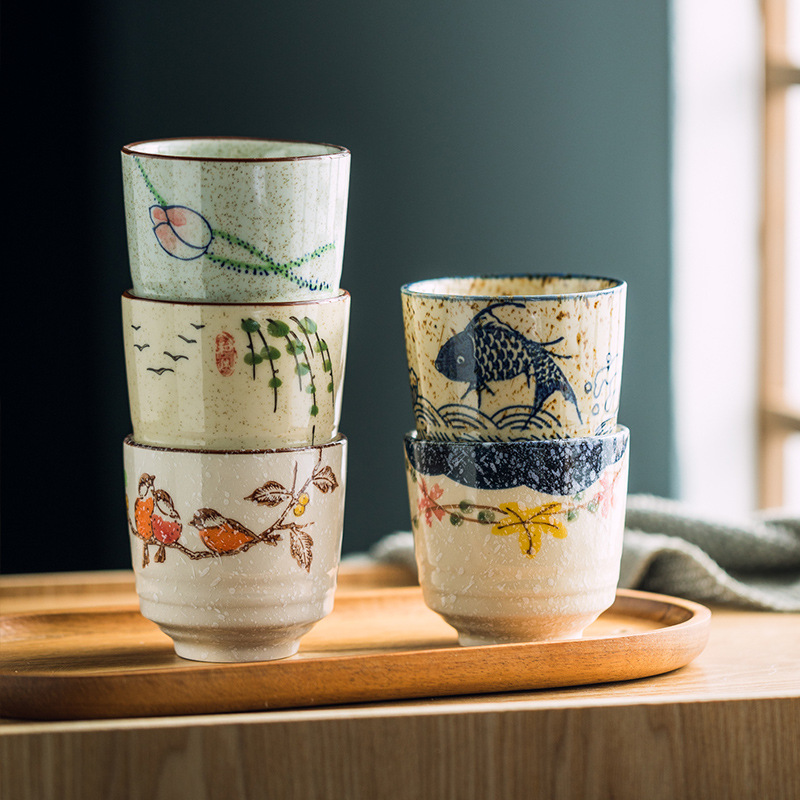 Japanese-style ceramic water cup for commercial restaurants, cooking stores, retro cups, household high-quality drinking cups, logo customization available