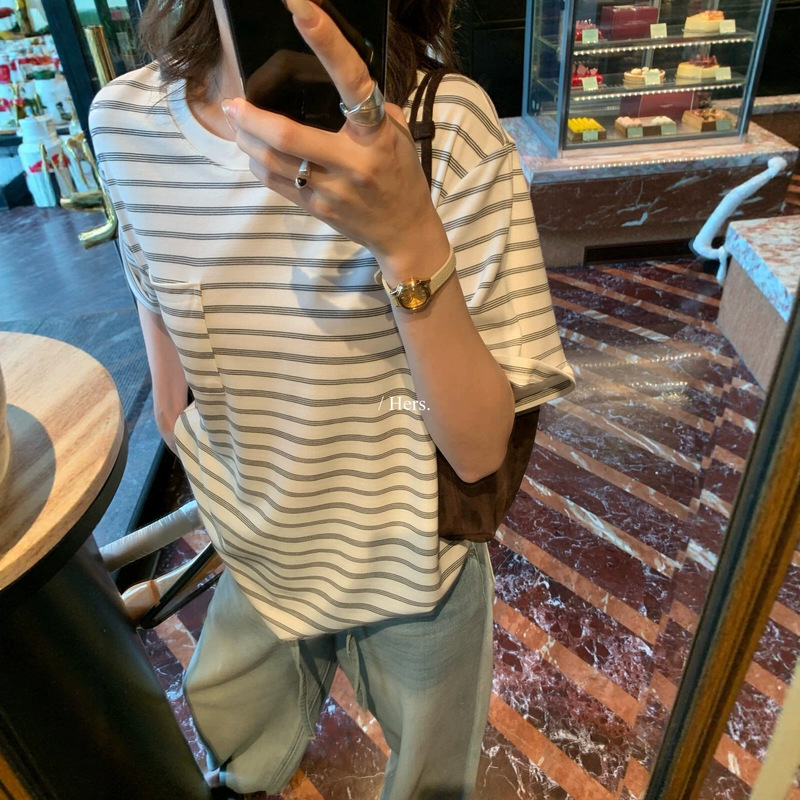 Hers Sweet Early Autumn Women's Korean Casual Style Striped Versatile Slimming Pullover Round Neck Short Sleeve T-Shirt 66628 Hers Sweet Early Autumn Women's Korean Casual Style Striped Versatile Slimming Pullover Round Neck Short Sleeve T-Shirt 66628