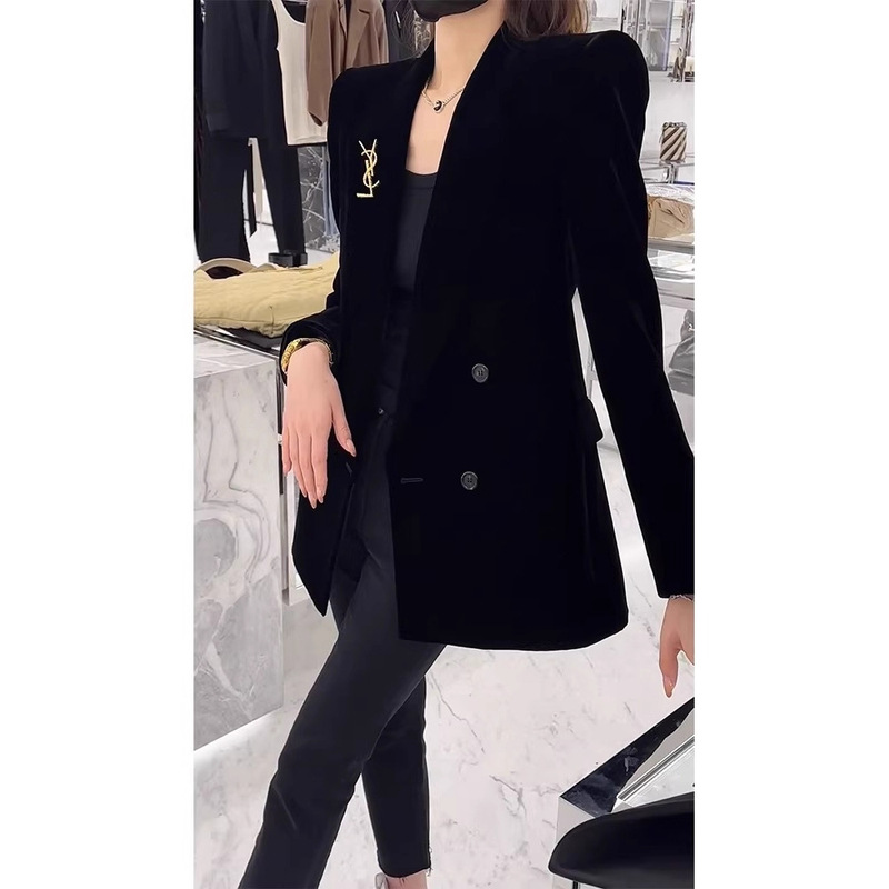 This year's popular beautiful elegant high-end sense unique super nice Chanel style black velvet suit jacket for women Autumn