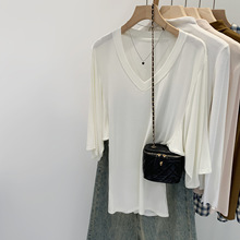 小众好美V领中袖T恤女装2025早秋季新款韩系慵懒松弛感五分袖上衣