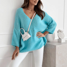 欧美跨境亚马逊优雅休闲宽松毛衣v领女装马海毛秋冬新款