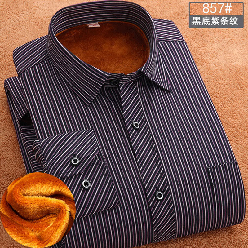 Off-season middle-aged men winter fleece thickened warm shirt stripe checkered straight tube shirt big size dad outfit