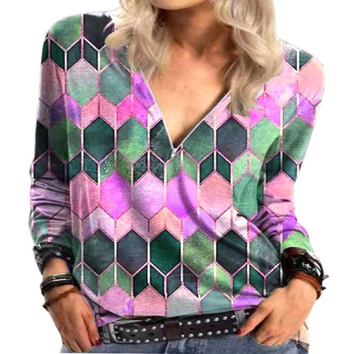  New European and American Women's Clothing eBay Bestseller Street Fashion Women's Top with Geometric Print Zipper Long Sleeve T-Shirt for Women