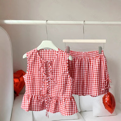 蝶結びチェック柄シャツ甘い赤と白のチェック柄ノースリーブトップとショーツセット