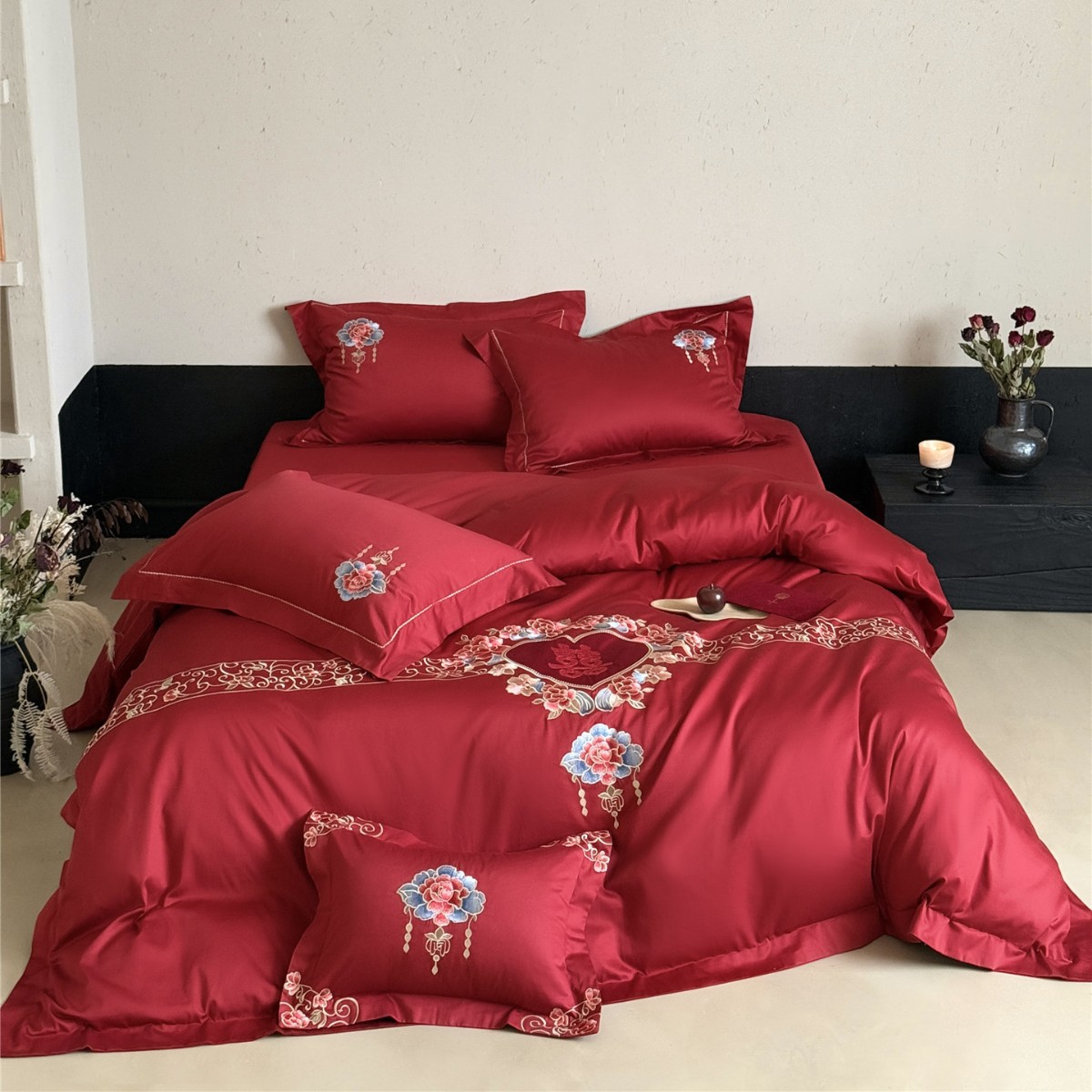 Modern Style Wedding Red Embroidered Bedding Set Pure Cotton Long-Staple Cotton Four-Piece Home Textile Set Dream 2