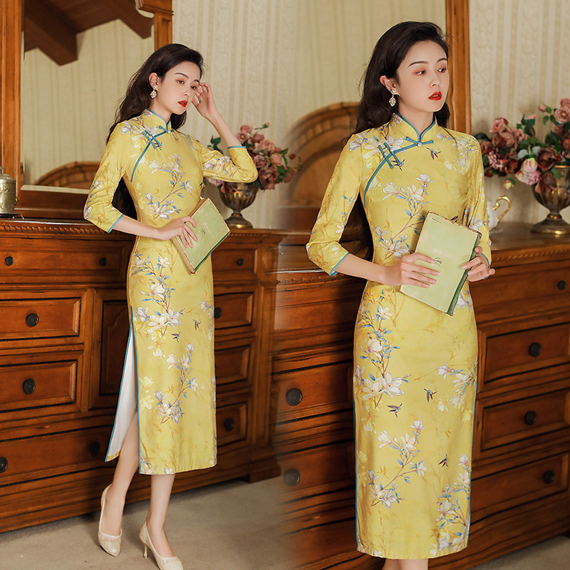 Yellow floral qipao Chinese dresses for women girls restoring ancient ways improved qipao everyday  young cultivate morality miss etiquette host singers evening dress