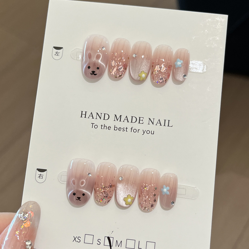 纯手工手绘小花光疗闪粉穿戴甲甲片成品短椭圆可爱美甲贴片假指甲|undefined