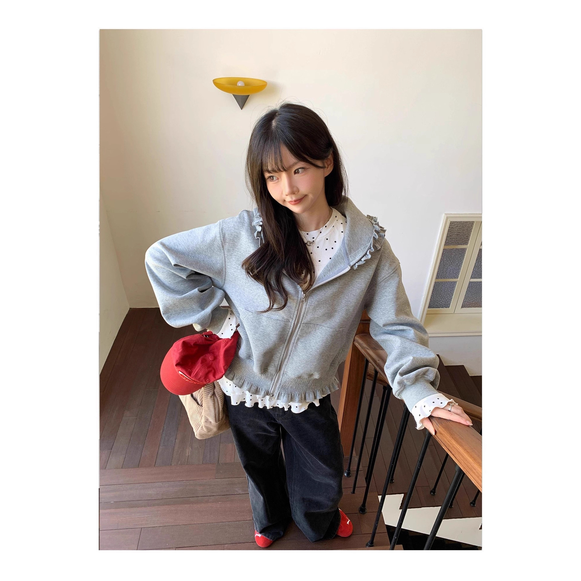 Gray Hooded Sweatshirt with Ruffled Edges for Women, 2025 Spring and Autumn Sweet Outfit, New Lazy Pink Top