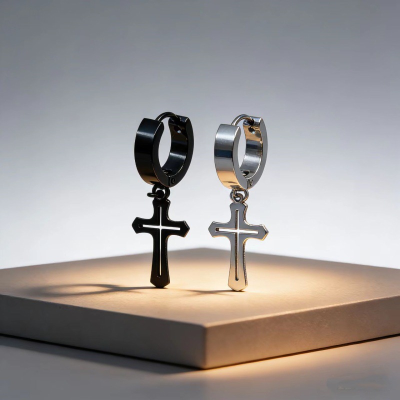 Classic Hollow Cross Stainless Steel Earrings for Men, Trendy Electroplated Non-Pierced Ear Clips, Personalized Ear Hoops, Ear Accessories