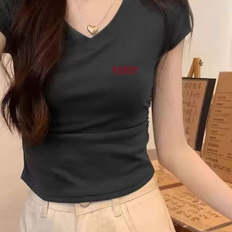純綿夏の新しいスタイルの女性用Vネック半袖Tシャツ、スリムフィット、プリーツホットガールトップ|undefined