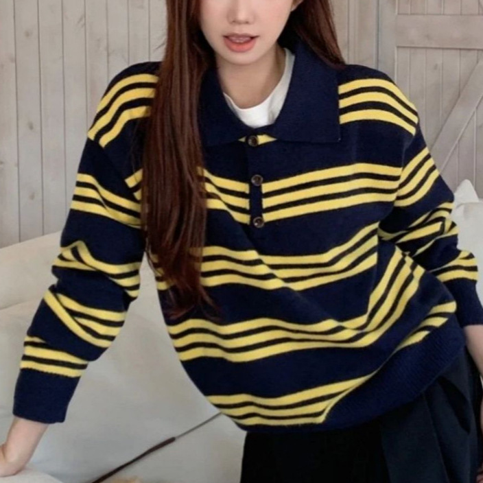 2026 Spring Color-Block Striped Long-Sleeve Sweater with Polo Collar for Girls, Knitted Outerwear 2026 Spring Color-Block Striped Long-Sleeve Sweater with Polo Collar for Girls, Knitted Outerwear