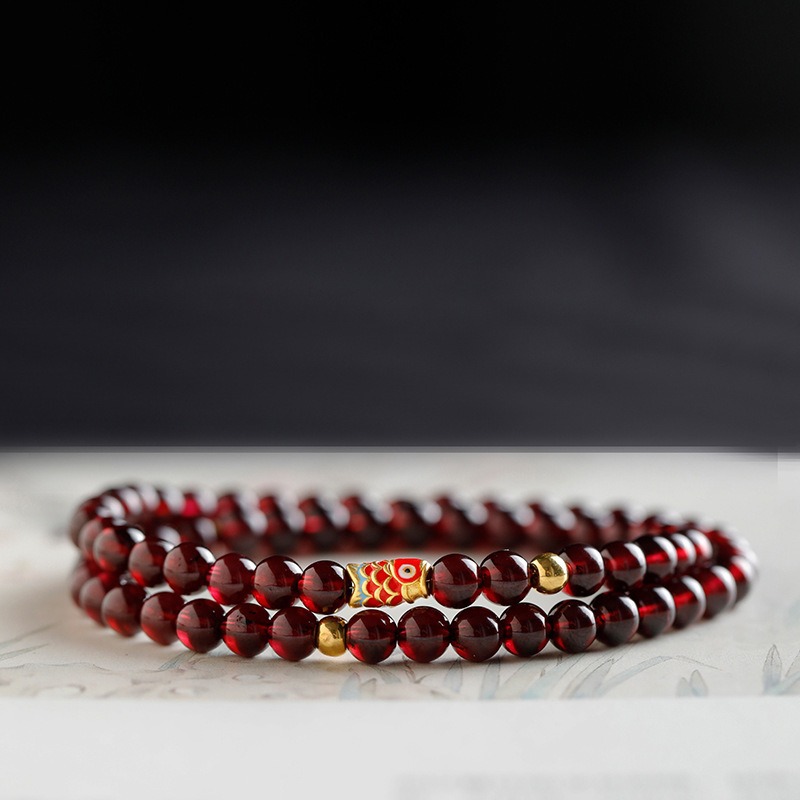 S925 Silver Koi Multi-Ring Crystal Bracelet for Women, Chinese style zodiac Year jewelry, Natural wine red garnet crystal Bracelet 201 undefined