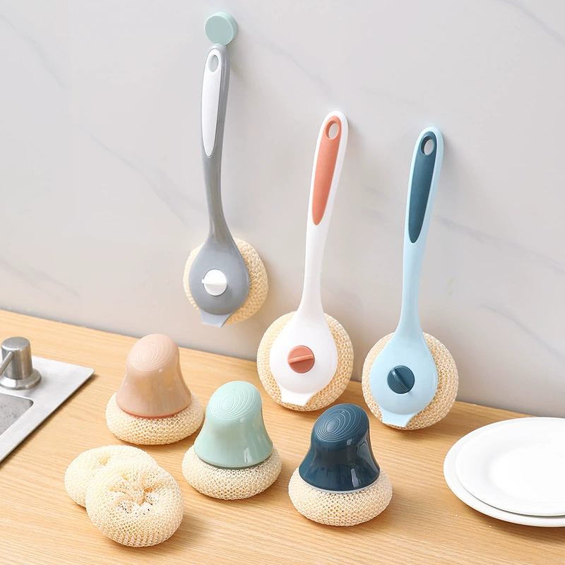 Щетка для горшка с длинной ручкой Шарик для чистки кухни Разлагаемая щетка для очистки волокна Бытовая дезактивация Неповреждающий горшок Щетка для мытья посуды Щетка для горшка