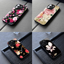 适用苹果14promax手机壳玻璃13大孔12高级11花朵iphone15复古批发