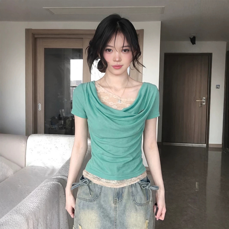 Summer New Korean Style Dopamine Irregular Mint Green Lace Patchwork Chic Slim-Fit Short-Sleeve T-Shirt for Women Summer New Korean Style Dopamine Irregular Mint Green Lace Patchwork Chic Slim-Fit Short-Sleeve T-Shirt for Women