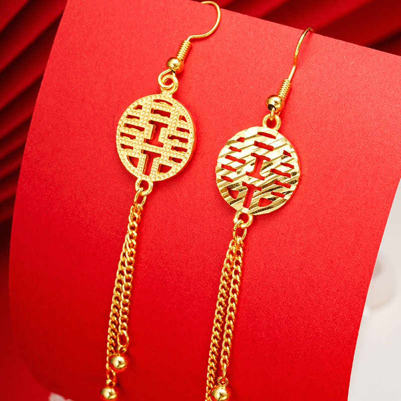 Doble Xi linmen pendientes largos de la borla Vietnam arena Oro de las mujeres del todo-fósforo de estilo chino festivo joyería de la boda al por mayor