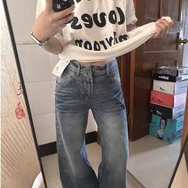 C246#【非实拍】辣妹复古宽松直筒牛仔裤女简约个性百搭显瘦阔腿