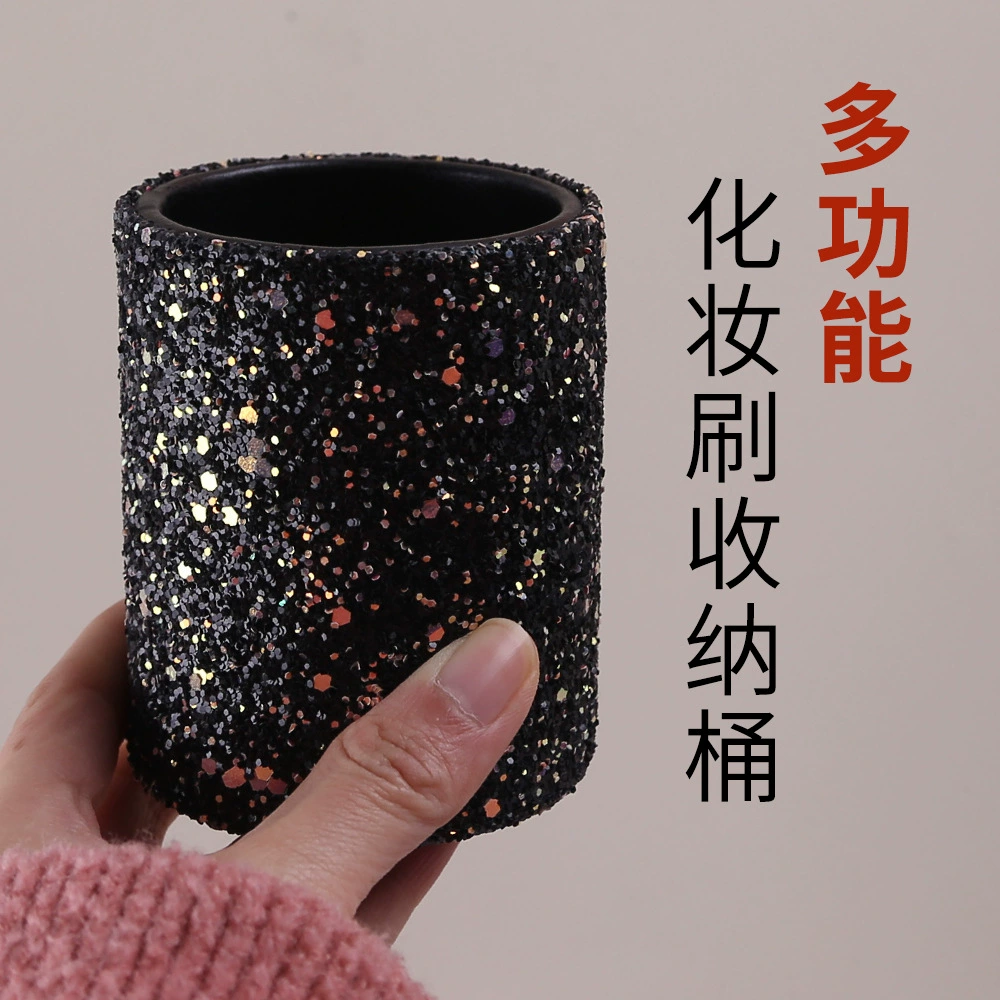 Makeup Brush Storage Cup, Sequin Exterior, Compact Cosmetic Organizer, 80 g