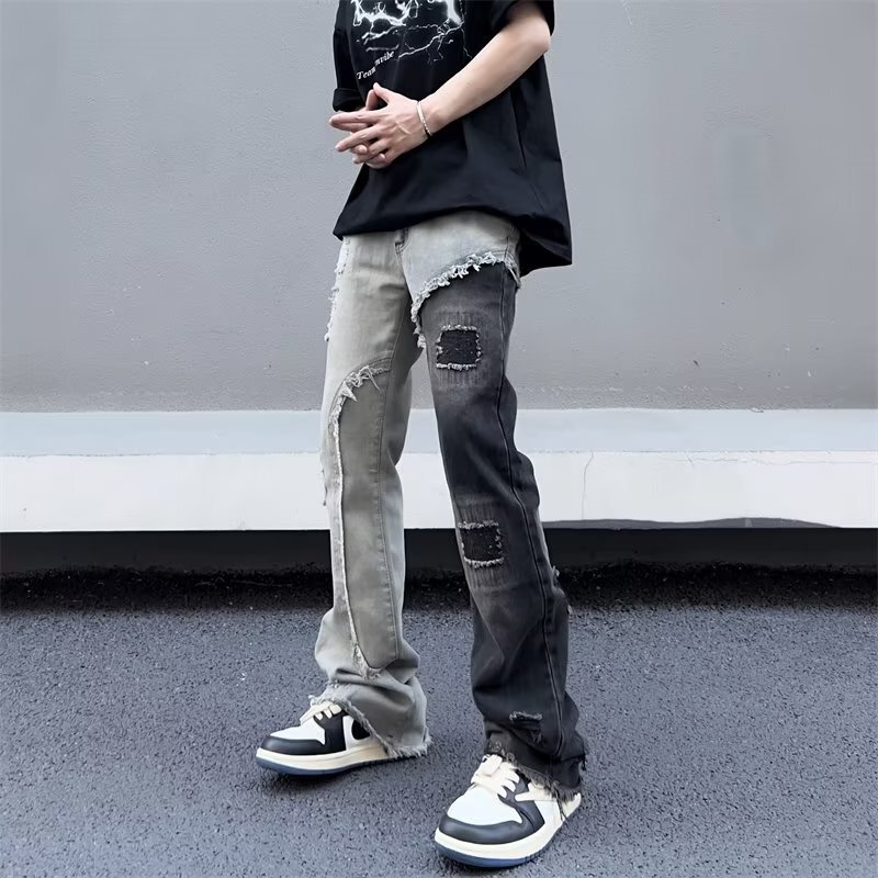 American hip hop high street vibe ripped frayed edge contrast color stitching jeans men's ins fashion brand straight flared pants