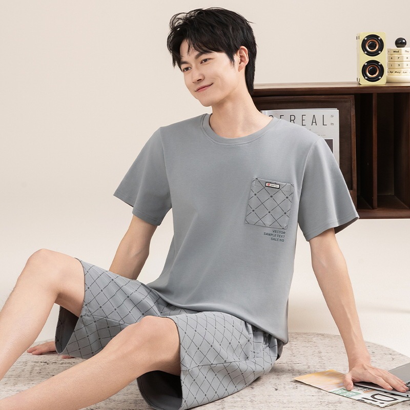 2025新型パジャマ男性夏純綿半袖長ズボンの薄いタイプのカジュアルな家庭服綿セット|undefined
