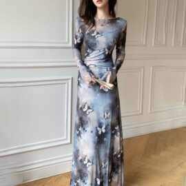 春秋新款清冷御姐弹力长袖蝴蝶收腰显瘦修身喇叭袖水墨风连衣裙