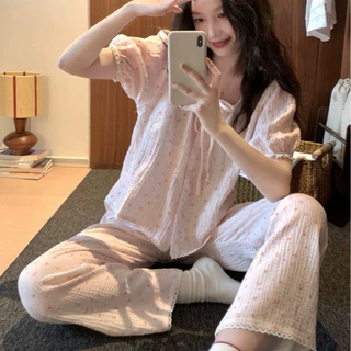韩国ins女士夏季新品韩系卡通简约花边睡衣套装休闲舒适家居服