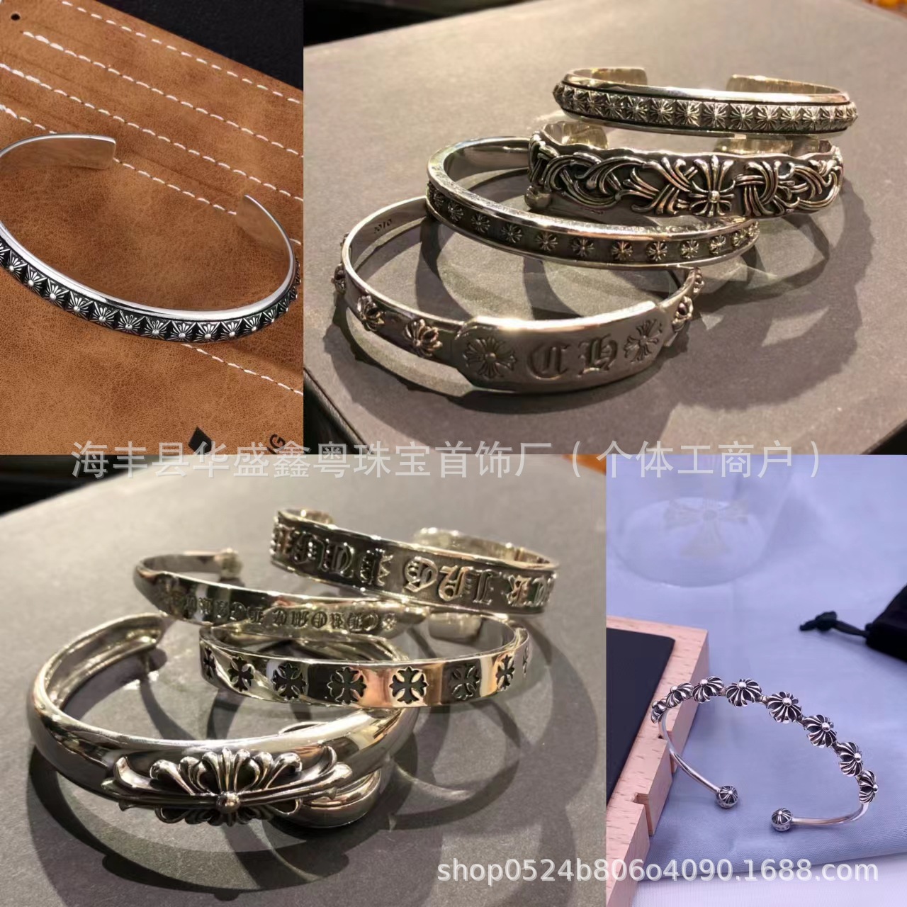 克罗芯泰银十字花手镯潮牌轻奢时尚百搭复古做旧男女款开口式手环