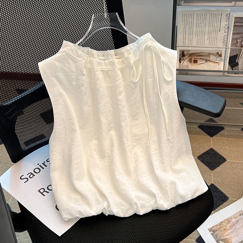 Dopamine round-neck sleeveless shirt for women, new summer design with drawstring and tie, bud-shaped pullover top Dopamine round-neck sleeveless shirt for women, new summer design with drawstring and tie, bud-shaped pullover top