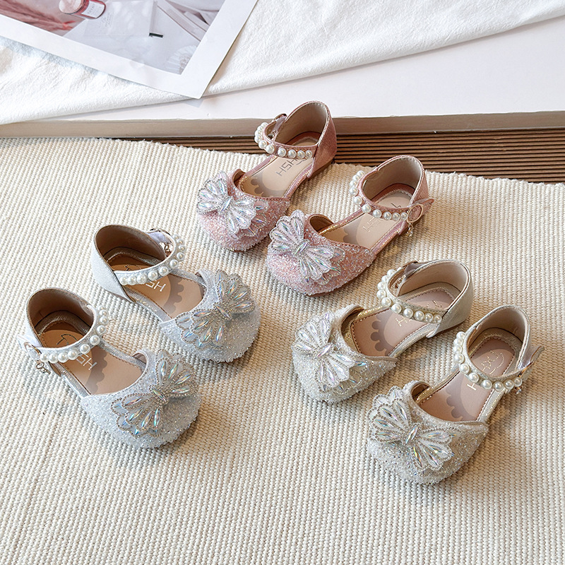 Girls' Leather Shoes 2026 New Spring/Summer Soft Sole Bowknot Half-Sandals with Sparkling Rhinestones for Dance Performances