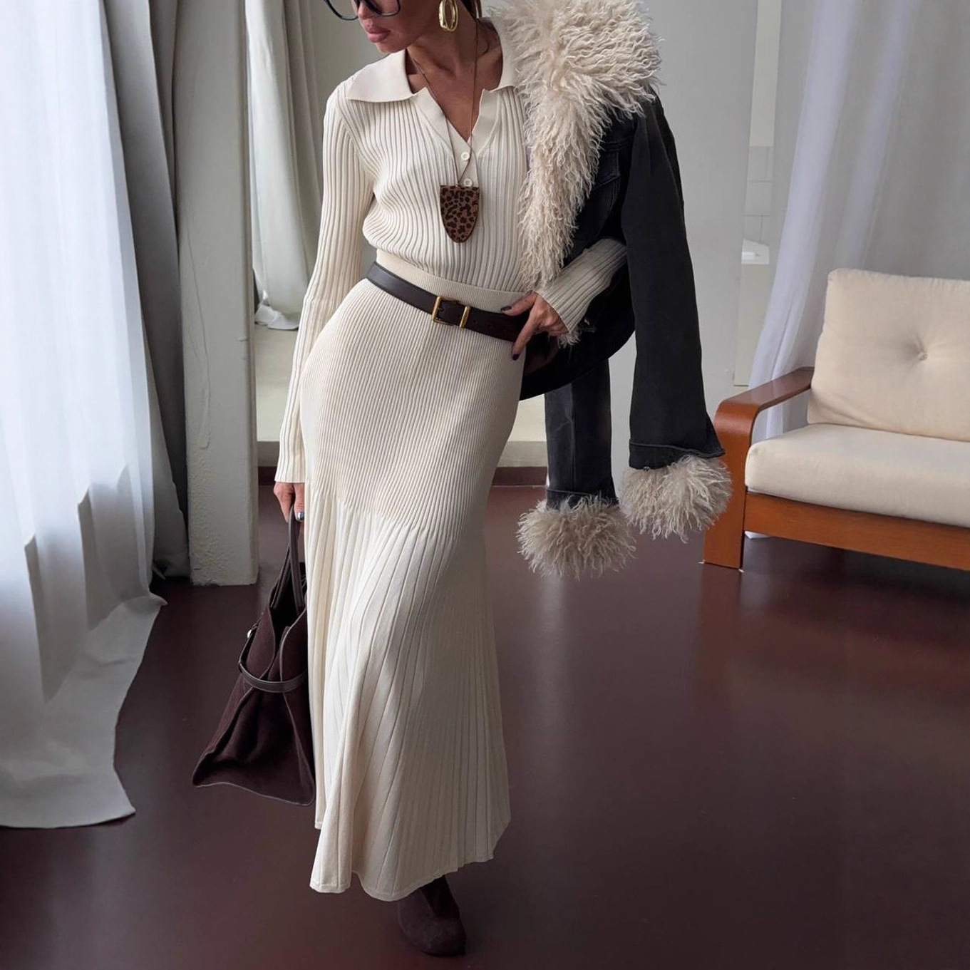 气质优雅裙套装秋冬女装坑条修身长袖针织衫上衣百褶半身裙两件套