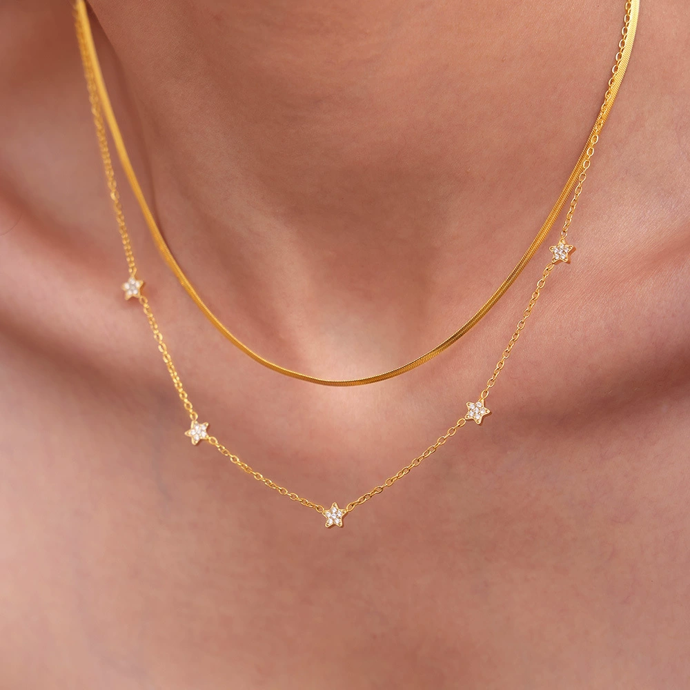 Xinyixin Jewelry CNC пентаграмма циркон небольшой бриллиант звезда зажим камень ожерелье титановая сталь позолота простая двойная цепь
