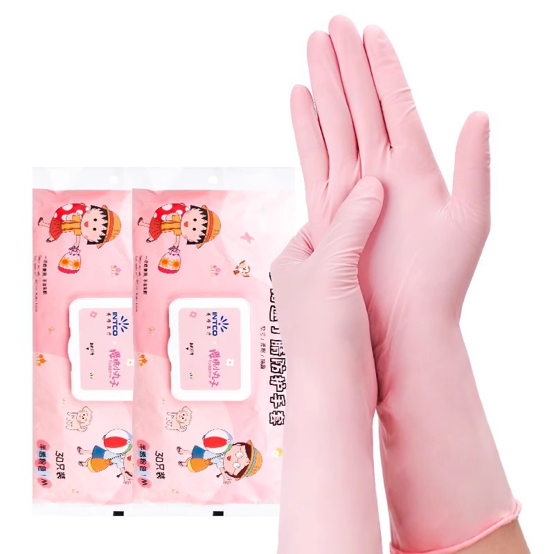 Venta al por mayor Yingke cereza bolas desechables Rosa nitrilo guantes alargados de calidad alimentaria catering limpieza del hogar