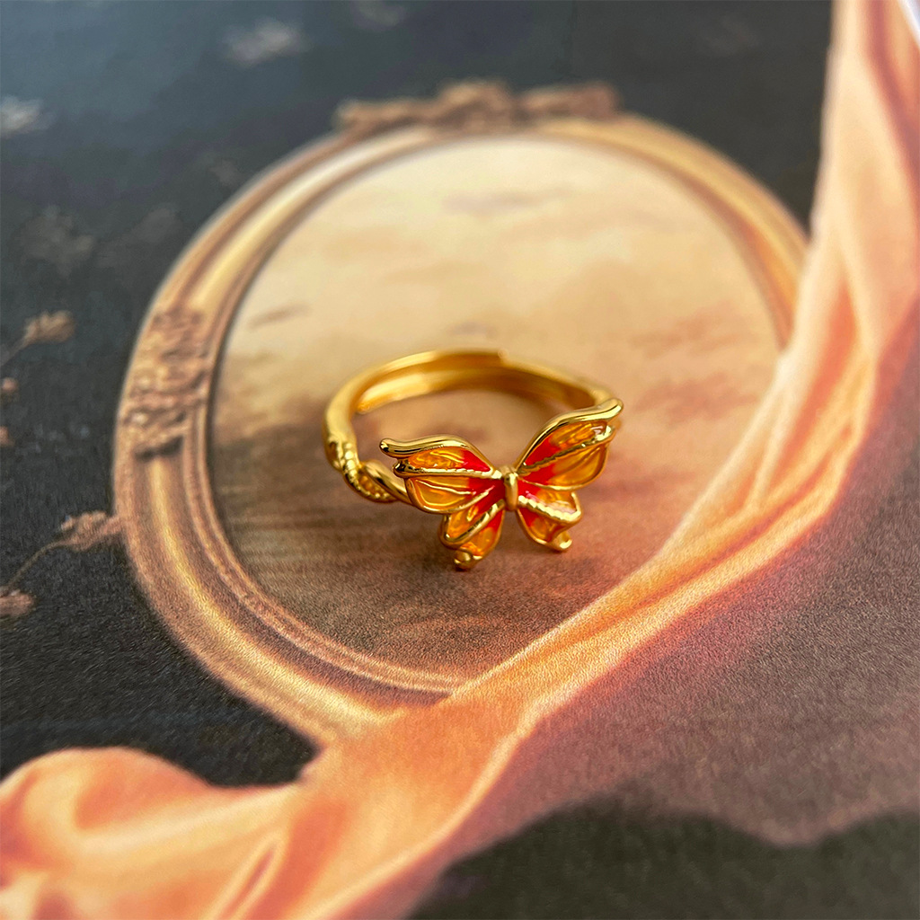 Vintage light vintage oil drip butterfly ring movable adjustable index finger ring