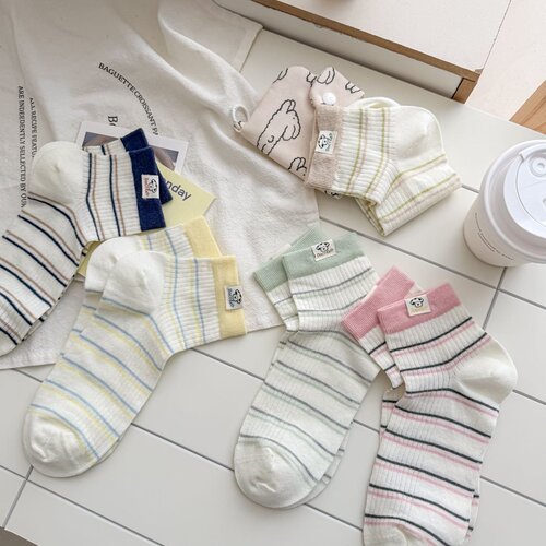 Women's socks in spring and summer, new color stripe mid-tube socks, Japanese color matching stripe women's socks, all-match trend cotton socks wholesale